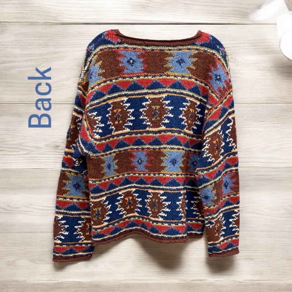Vintage Aztec Boho Southwestern CAROLE LITTLE Sport Heavy Wool Sweater XL EUC - Picture 2 of 8
